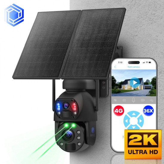 Security Camera 2 Cam ULTRA HD 2K Solar Powered 36X Zoom